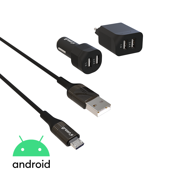Kit de charge éco-conçu pour la maison et la voiture avec chargeur 2 USB 12W+5W et câble Micro-USB vers USB 1,30 m