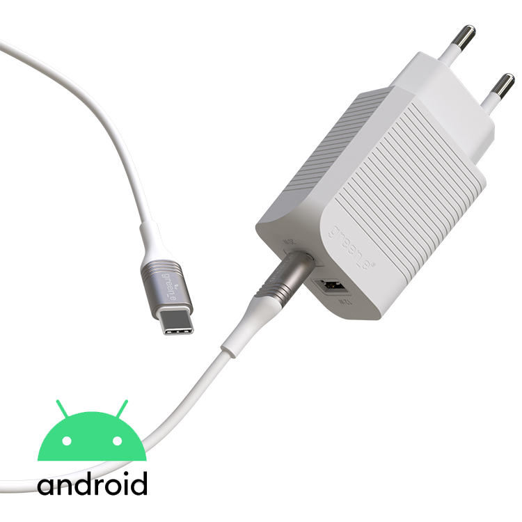 Kit de charge rapide éco-conçu pour la maison avec chargeur 1 USB-C 20W + 1 USB 12W et câble tressé USB-C vers USB-C 1,30 m
