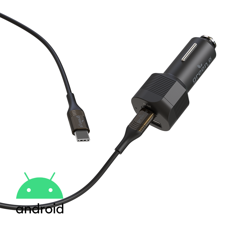 Kit de charge rapide éco-conçu pour la voiture avec chargeur 1 USB-C 20W + 1 USB 12W et câble tressé USB-C vers USB-C 1,30 m