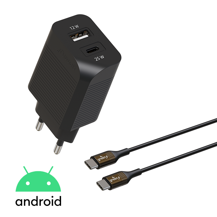 Kit de charge rapide éco-conçu pour la maison avec chargeur 1 USB-C 25W + 1 USB 12W et câble tressé USB-C vers USB-C 1,30 m